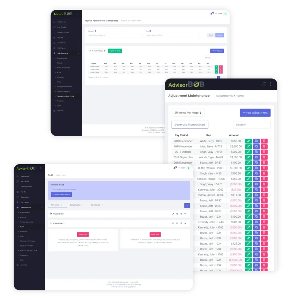 AdvisorBOB financial advisor compensation software user interface screen captures